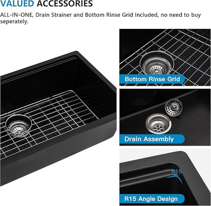30 Granite Composite Kitchen Sink - Fulorni 30"x19" Black Granite Kitchen Sink Undermount Ledge Workstation Matte Black Quartz Composite Under Counter Single Bowl Sink Basin