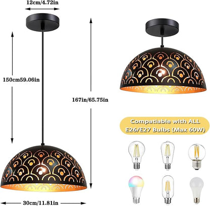 Kitchen Pendant Lights Over Island Vintage, Black and Gold Dome Pendant Lighting Fixtures Farmhouse Hanging Ceiling Lamp Retro Industrial E26 Single Chandelier for Dining Room Bedroom Sink 11.81"