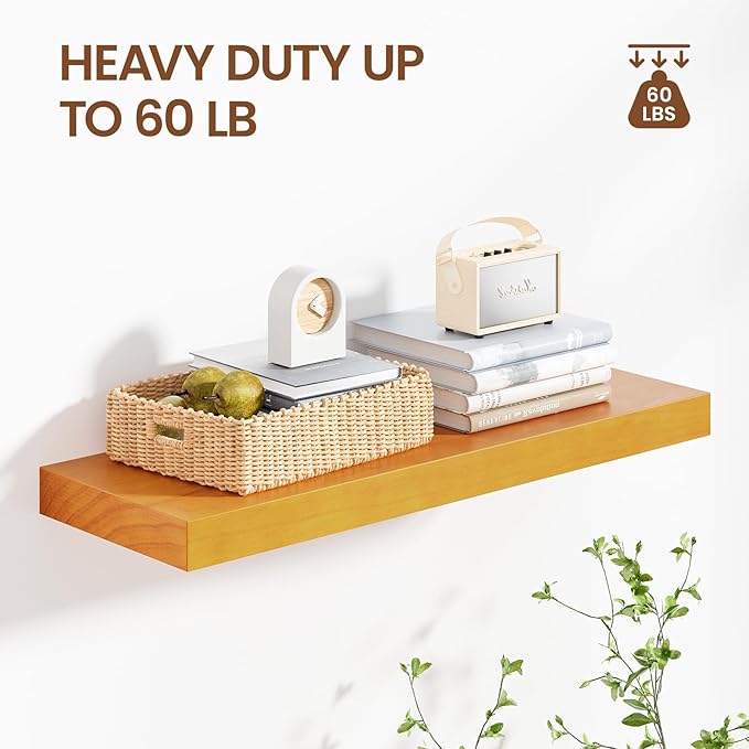 Heimlove Pine Wood Floating Shelves, 8 Inch Deep Real Wood Shelves Set of 2, Wall Mounted Rustic Wood 24x8 Floating Shelf with Invisible Brackets for Bedroom Kitchen Living Room - Honey Oak