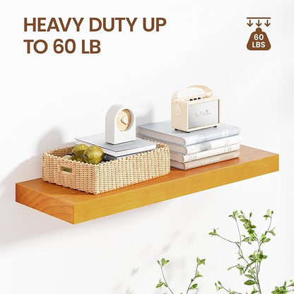 Heimlove Pine Wood Floating Shelves, 8 Inch Deep Real Wood Shelves Set of 2, Wall Mounted Rustic Wood 24x8 Floating Shelf with Invisible Brackets for Bedroom Kitchen Living Room - Honey Oak