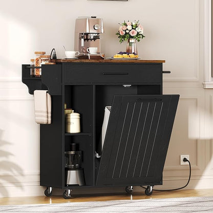 HOOBRO Kitchen Island with Trash Can Storage, Rolling Kitchen Island on Wheels, Mobile Island Cart with Power Outlet, Islands Table for 10 Gallon Garbage Bin, Rustic Brown and Black BF80UZD01G1