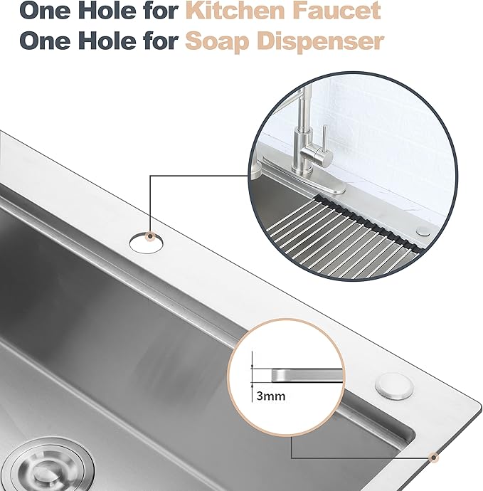 Herogo 33 X 22 Workstation Kitchen Sink, 10" Deep Drop In 18/10 Stainless Steel Topmount Single Bowl 2-Hole R10 Tight Radius Large Kitchen Sinks with Kit of 5 Accessories