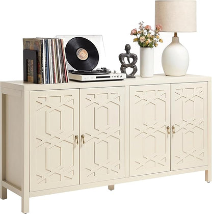 RoyalCraft Buffet Cabinet with Storage, 60" W Modern Coffee Bar Sideboard with 4 Doors & Adjustable Shelves, Painted Wooden Credenza for Dining Room, Kitchen, Living Room, Entryway, Beige