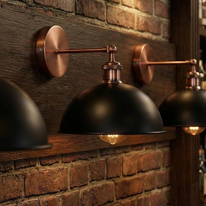 Dome Metal Wall Sconce, 180° Adjustable Industrial Wall Lamp for Bedside, Study, Kitchen, and Living Room Décor. (Black Inner Gold_)