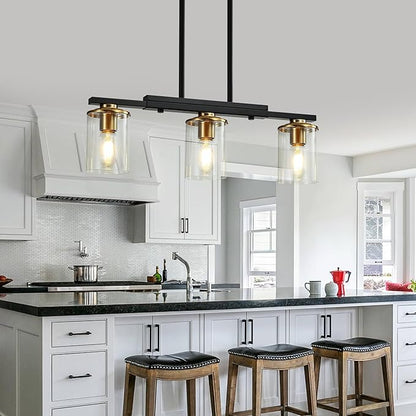 3-Light Kitchen Island Lighting,Dining Room Lights Modern Farmhouse Chandelier with Clear Glass Shade,Modern Rustic Black and Gold Metal Chandelier, Kitchen Pendant Light Fixtures Over Table