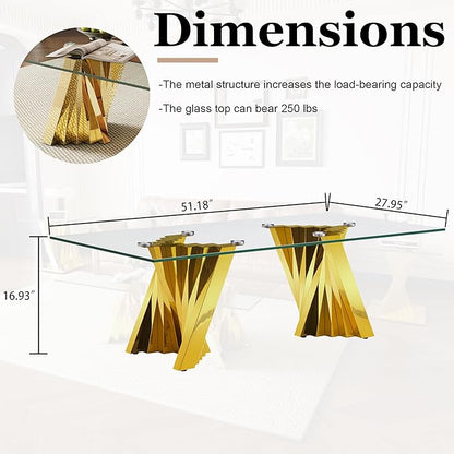 Glass Coffee Table, 51" Coffee Table with Tempered Glass Tabletop and Mirror Finish Stainless Steel Legs, Modern Rectangular Center Table for Living Room, Office