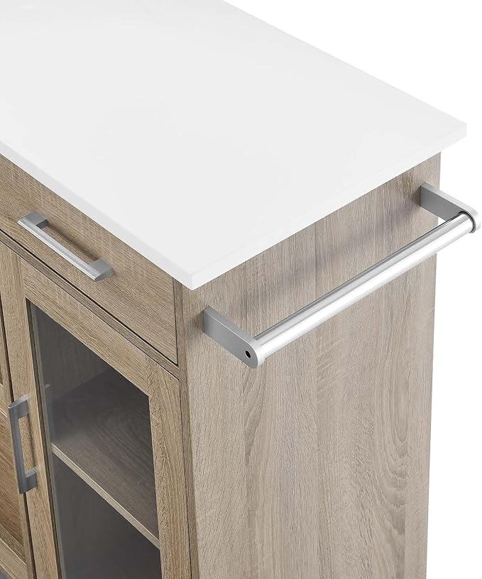Modway Culinary Rolling Kitchen Cart with Storage in Oak White - 3 Tiers Kitchen Island on Wheels with Towel Bar, Functional as a Coffee Station, Bar Cabinet or Butcher Block Island