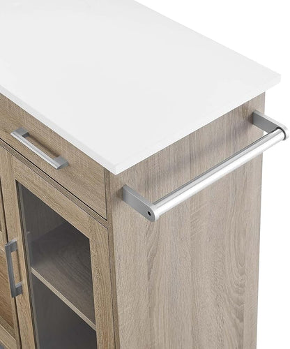 Modway Culinary Rolling Kitchen Cart with Storage in Oak White - 3 Tiers Kitchen Island on Wheels with Towel Bar, Functional as a Coffee Station, Bar Cabinet or Butcher Block Island