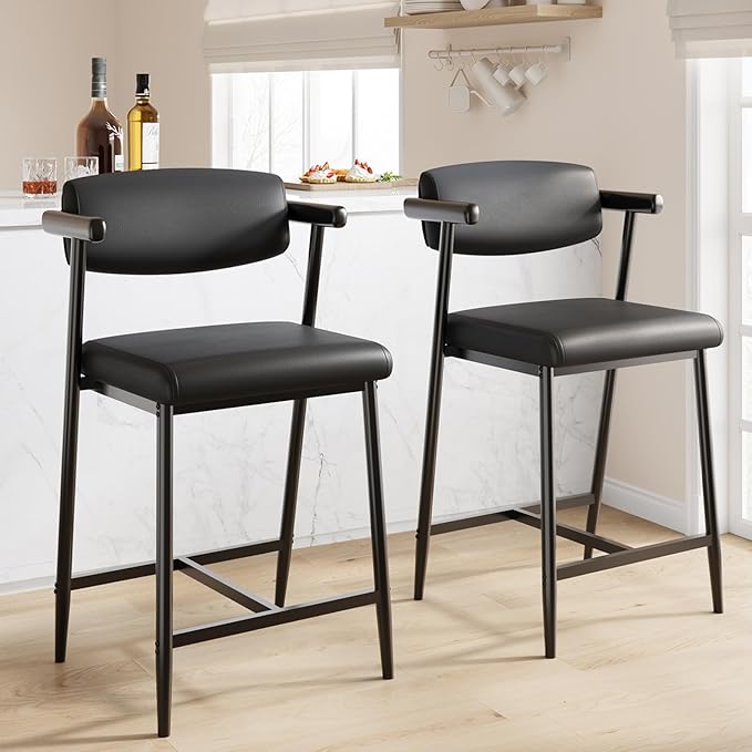 GarveeHome Bar Stools Set of 8 with Arms, 26" Modern 8pcs Counter Height Metal Barstools Set with Back & Footrest, Upholstered Wider Seat, Sturdy Frame, for Counter Bar, Kitchen Island, Retro Black