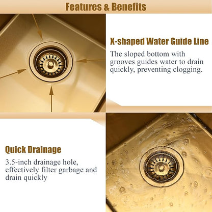Gold Undermount Bar Sink Workstation,16x19 Small Kitchen Sink Brushed Gold Bar Sinks Undermount 18 Gauge Single Bowl Stainless Steel Kitchen Sinks with Cutting Board