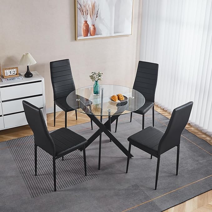 Round Glass Dining Table 35.4'' Inch Modern Round Kitchen Table with Metal Legs Durable Stylish Dinner Table for Dining Room Kitchen