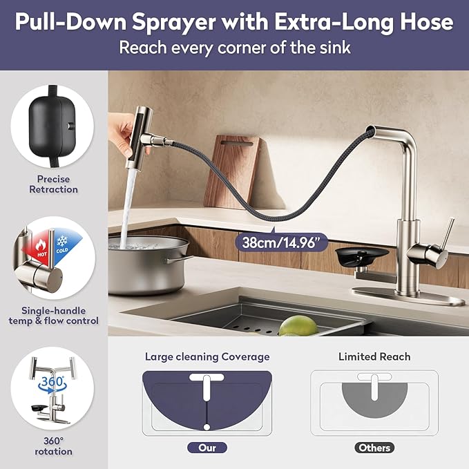 HOWUWEY Kitchen Faucet with Pull Down Sprayer & Cup Washer, Glass Rinser Faucet for Kitchen Sink, Single Handle Waterfall 1 or 3 Hole Tap for Bar Sink Farmhouse Camper Laundry Rv (Brushed Nickel)