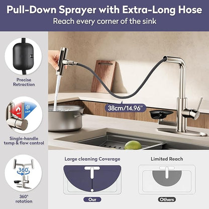 HOWUWEY Kitchen Faucet with Pull Down Sprayer & Cup Washer, Glass Rinser Faucet for Kitchen Sink, Single Handle Waterfall 1 or 3 Hole Tap for Bar Sink Farmhouse Camper Laundry Rv (Brushed Nickel)