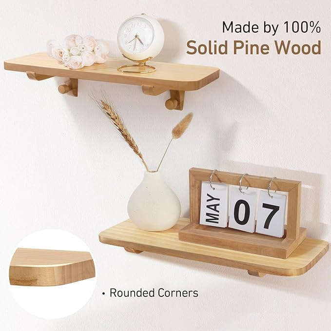 Wooden Floating Shelves for Wall, 15.7" W x 6" D x 0.6" H Large Wall Shelves, Hanging Storage Shelf with Hooks for Living Room, Kitchen, Bathroom, Bedroom Decor, Natural, 3 Packs