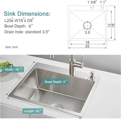 20 inch Drop-in Kitchen Sink Stainless Steel, T304 Topmount Kitchen Sink Single Bowl, 9-inch Deep Handmade Overmount Bar Sink with Strainer