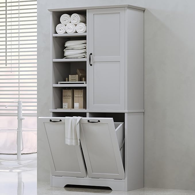 68" Tall Bathroom Storage Cabinet with One Door and Two Laundry Hampers for Home Display Organizer, Adjustable Shelf, Gray