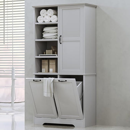 68" Tall Bathroom Storage Cabinet with One Door and Two Laundry Hampers for Home Display Organizer, Adjustable Shelf, Gray