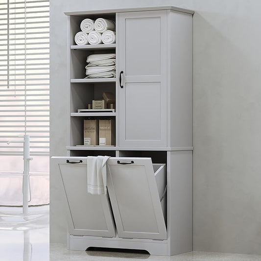 68" Tall Bathroom Storage Cabinet with One Door and Two Laundry Hampers for Home Display Organizer, Adjustable Shelf, Gray