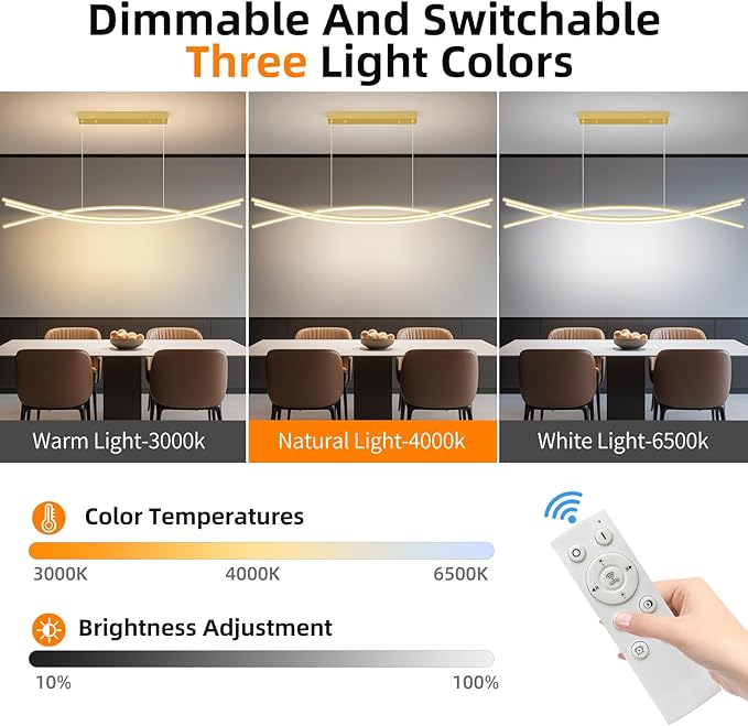 Modern Ceiling Chandelier Light, 47IN Gold Pendant Light Fixtures with Remote Control 3000k-6500K Adjustable Color Temperature, Aluminum Island Lighting Lamp for Dining Room, Living Room, Island