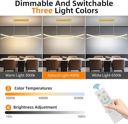 Modern Ceiling Chandelier Light, 39IN Gold Pendant Light Fixtures with Remote Control 3000k-6500K Adjustable Color Temperature, Aluminum Island Lighting Lamp for Dining Room, Living Room, Island