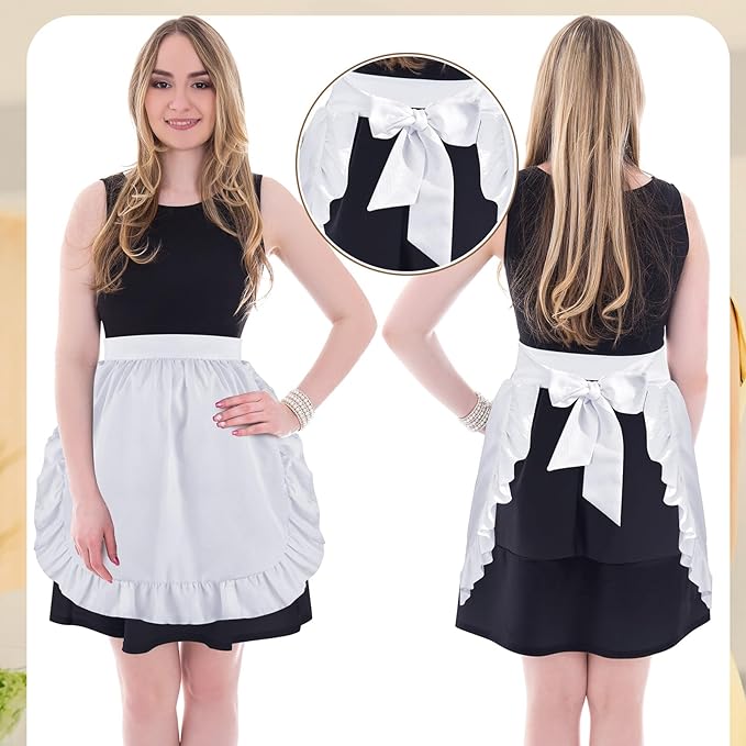 Geyoga Aprons for Women with Pockets Kitchen Cooking Waitress Maid Apron Vintage Skirt Cute Ruffle Dress Costume(White,No Pockets Style)
