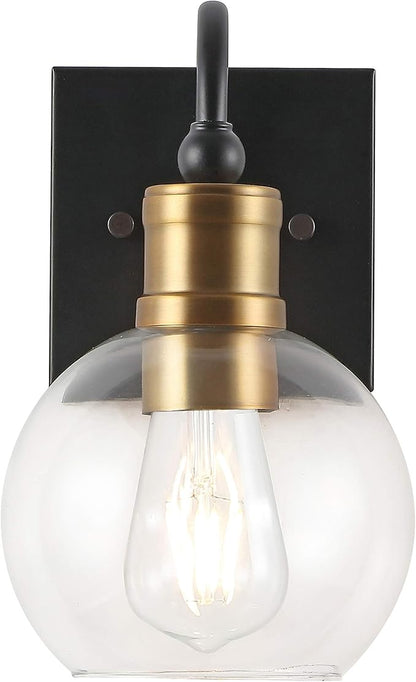 JONATHAN Y 5.88" Black/Brass Gold 1-Light Vintage Wall Sconce, LED Vanity Light for Bathroom Bedroom Entryway, Clear Glass Globe Shade, Modern Industrial Arched Lamp, LED Bulb Included JYL3526A
