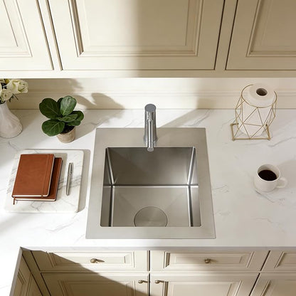 MILOSEN 17 x 19 inch Drop in Bar Sink, 304 Stainless Steel Topmount RV Small Kitchen Sink, Deep Outdoor Single Bowl Wet Bar&Prep Sinks with Bottom Grid and Strainer, Brushed Nickel