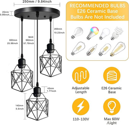 Industrial Pendant Light 3-Light,Adjustable Hanging Light Fixtures,Vintage Farmhouse Pendant Light with Metal Caged for Kitchen Dining Room Hallway,E26 Base,Black