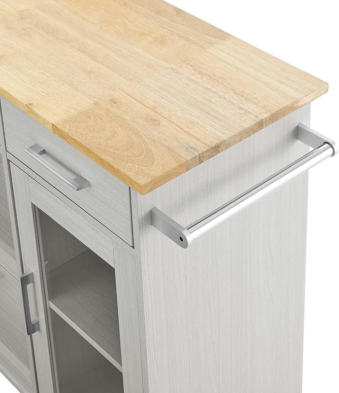 Modway Culinary Rolling Kitchen Cart with Storage in White Natural - 3 Tiers Kitchen Island on Wheels with Towel Bar, Functional as a Coffee Station, Bar Cabinet or Butcher Block Island