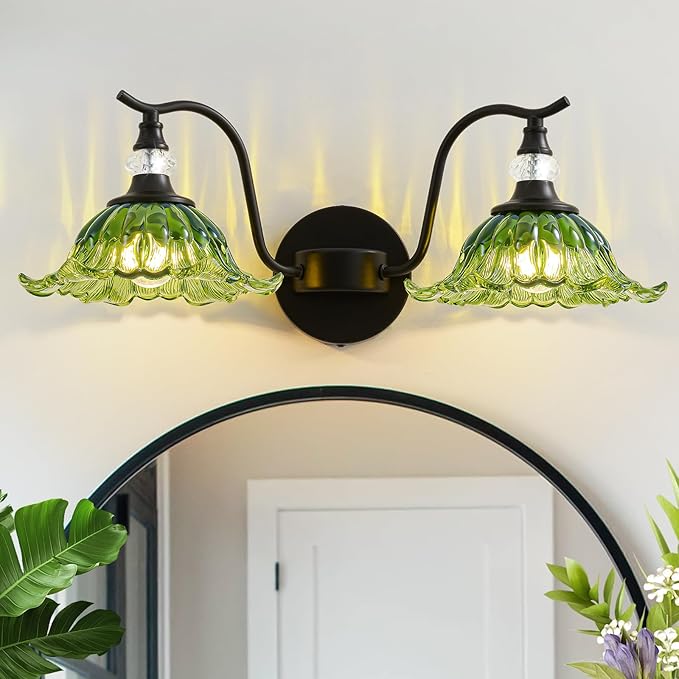 Vintage Bathroom Vanity Light Fixtures - 2 Light Antique Matte Black Bathroom Lights Fixture Over Mirror with Green Flower Glass,Retro High End Wall-Mounted Vanity Lighting for Bath Powder Room