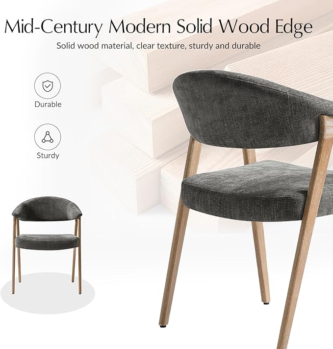 HULALA HOME Dining Chairs Set of 6, Mid-Century Modern Upholstered Dining Room Chair with Armrest, Curved Backtrst & Solid Wood Legs, Kitchen Side Chairs for Resurant, Living Room - Dark Gray