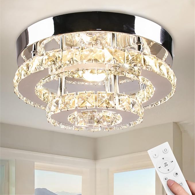 Mini Chandelier LED Crystal Ceiling Light 2 Layers Round Flush Mount Ceiling Light Modern Chandelier Lighting for Hallway Staircase Kitchen Bathroom （Dimmable）