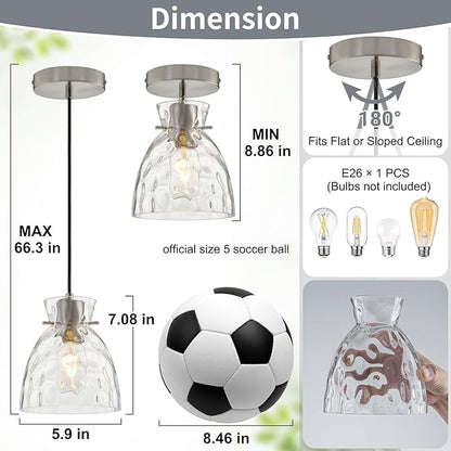 Brushed Nickel Pendant Lights Kitchen Island 2 Pack, 5.9“ Mini Hammered Glass Pendant Light Fixtures, Adjustable Modern Hanging Lights Kitchen Pendant Lighting over Island Sink Bathroom Dining Room