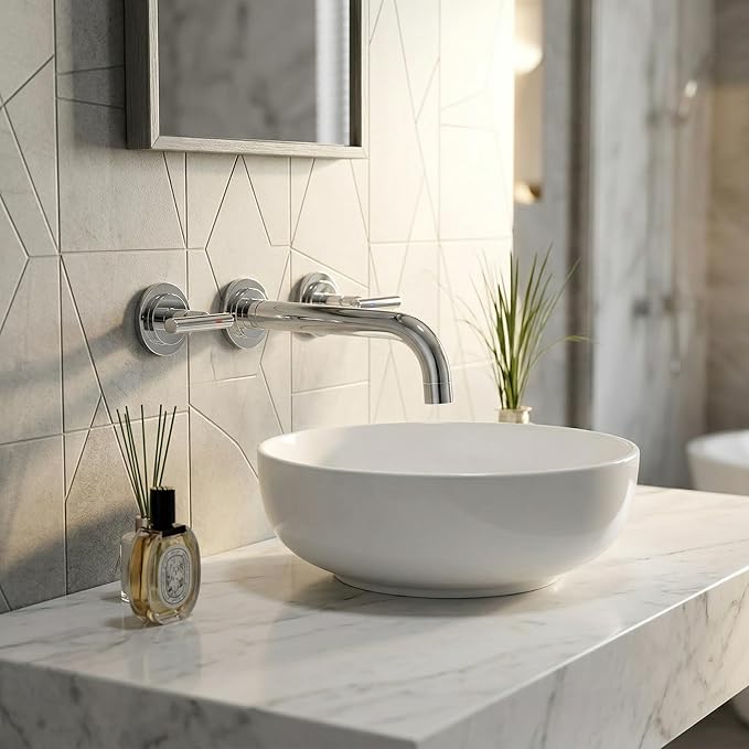 Wall Mount Bathroom Faucet - WOWOW Chrome Bathroom Sink Faucet - 2 Handle Wall Mount Vessel Sink Faucet 3 Holes Elegant Classic Spout Rough in Brass Valve Included