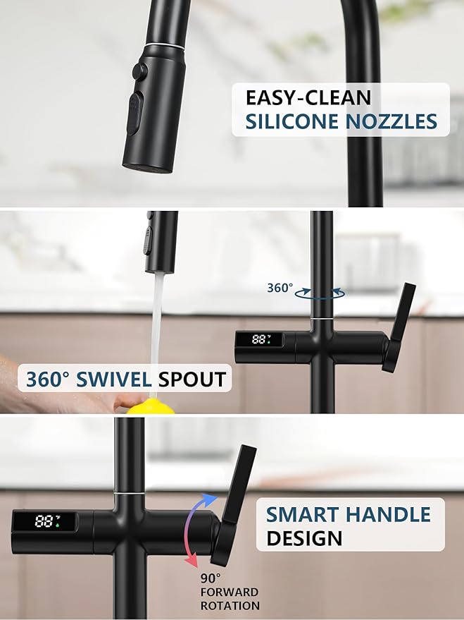 Lefton Touchless Pull-Out Kitchen Faucet, Hands Free Motion Sensor Activated, Battery-Free Temperature Display, KF2206 (Contemporary, Matte Black)