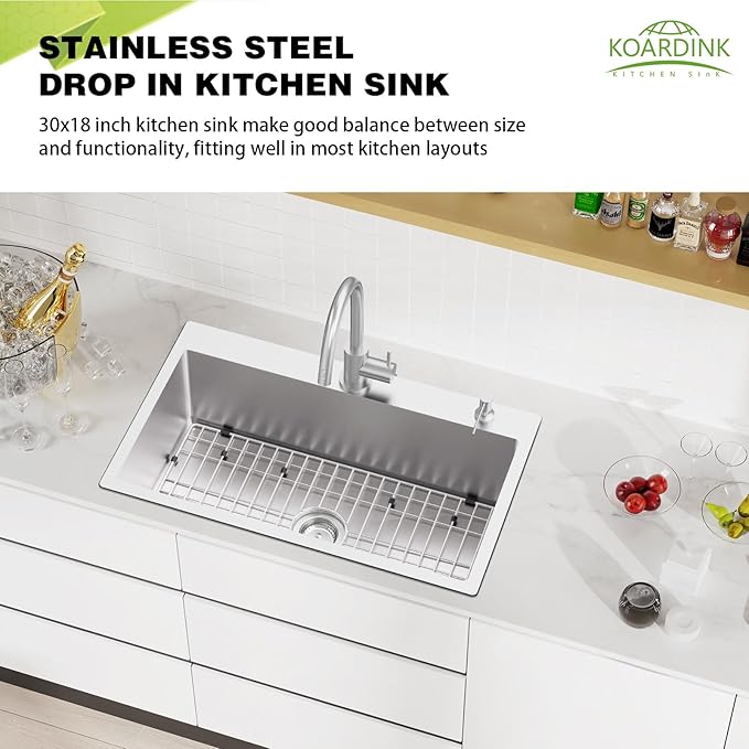 Stainless Steel Drop-In 30x18 Inch Modern Single Bowl Topmount Kitchen Sink Combo - SS Grid, Silicon Mat, Drain Strainer Set - Compatible With Various Kitchen & Bar Styles