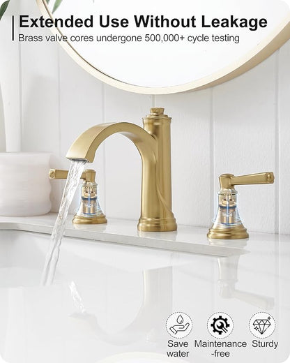 Brass Bathroom Waterfall Faucet, 4-16 Inch Brushed Gold Bathroom Faucet Widespread Bathroom Sink Faucet, 2 Handles Bathroom Faucets for Sink 3 Hole with Pop Up Drain, Water Hoses