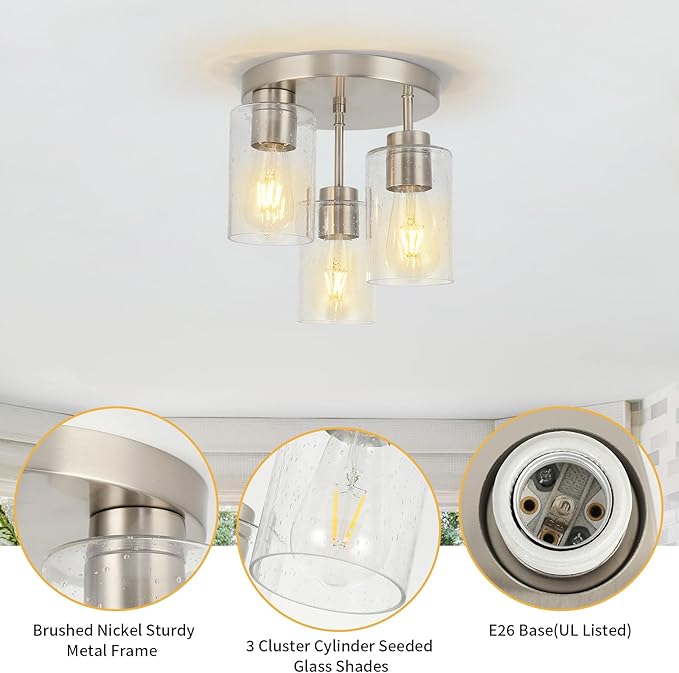 Semi Flush Mount Ceiling Light Fixture Brushed Nickel Flush Mount Ceiling Light with Seeded Glass Shades, 3-Light Modern Ceiling Light for Kitchen Hallway Entryway Island Bedroom