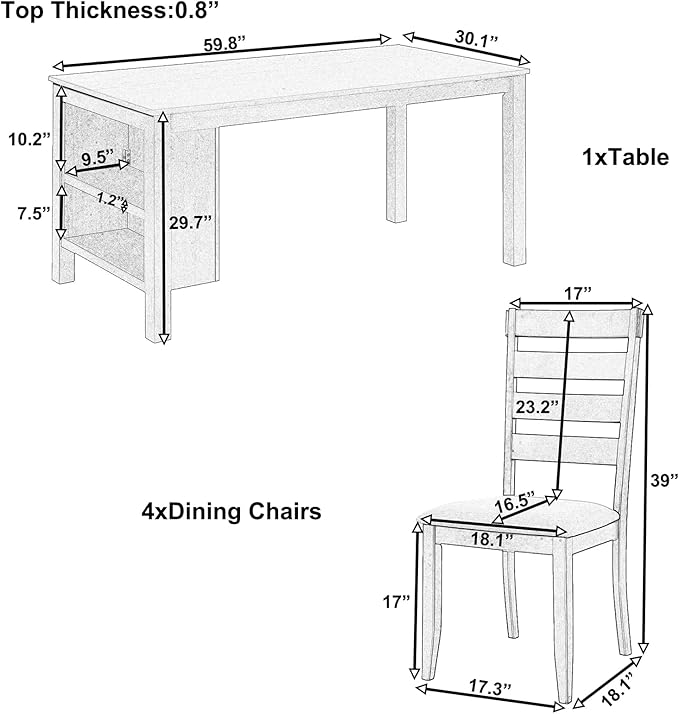 Farmhouse Wood Dining Table Set, Kitchen Table Set for 4, Kitchen Island Set with 2 Tier Storage Shelves Compact Kitchen Dining Room Set with 4 Padded Dining Chairs, for Dining Room, Kitchen