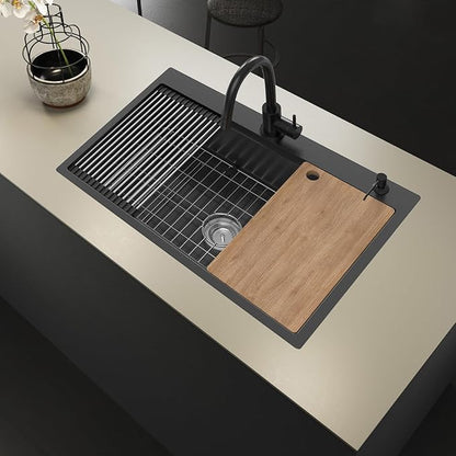Black Kitchen Sink Workstation, 33x22 Inch Stainless Steel Drop In Kitchen Sink Modern Large Single Bowl Kitchen Sink Gift Combo-SS Grid,Drying Rack,Cutting Board,Soap Dispenser, Drain Strainer Set