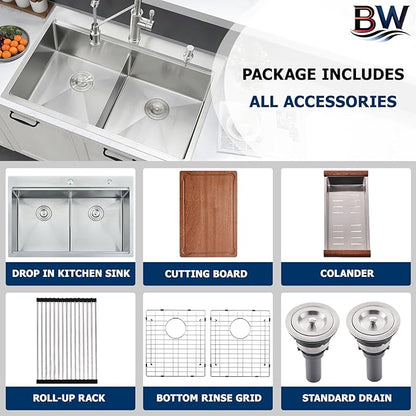 33x22 Double Bowl Kitchen Sink Drop In - 16 Gauge Stainless Steel Top Mount Drop In Sink, 50/50 Split Double Bowl Workstation Kitchen Sinks, Durable for Home Kitchens
