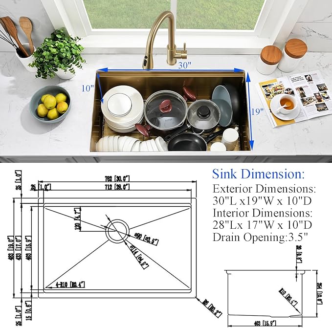 30 Inch Undermount Gold Kitchen Sink-Bokaiya Stainless Steel Undermount Workstation Sink 16 Gauge 10 Inch Deep Single Bowl Undermount Kichen Sink with Cutting Board