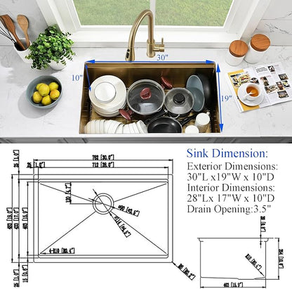30 Inch Undermount Gold Kitchen Sink-Bokaiya Stainless Steel Undermount Workstation Sink 16 Gauge 10 Inch Deep Single Bowl Undermount Kichen Sink with Cutting Board
