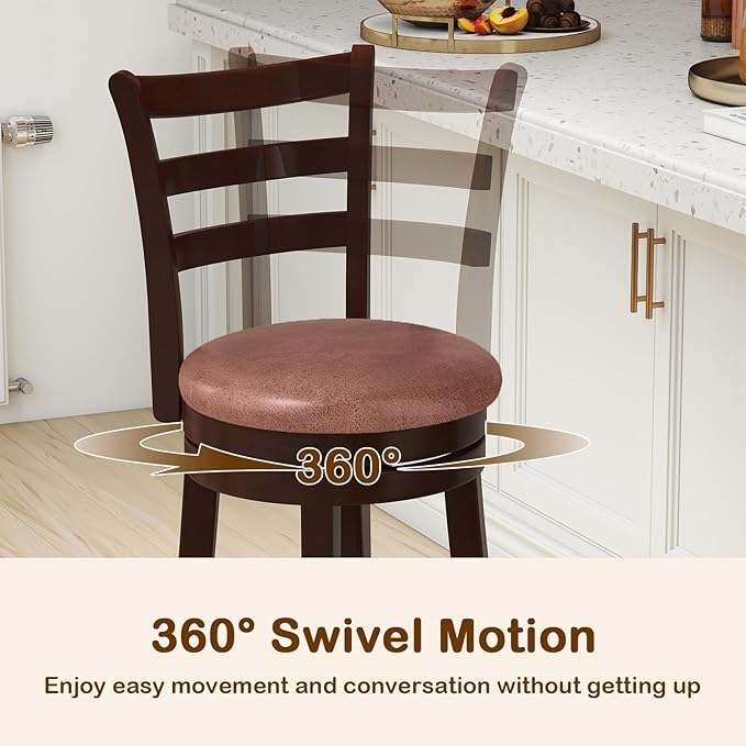 Giantex Swivel Bar Stools Set of 2, 26" Upholstered Counter Height Bar Chairs w/High Backrest, Faux Leather Seat, Solid Rubber Frame & Wrap-Around Footrest, Wooden Barstools for Kitchen Island, Pub