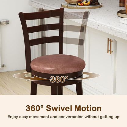 Giantex Swivel Bar Stools Set of 2, 26" Upholstered Counter Height Bar Chairs w/High Backrest, Faux Leather Seat, Solid Rubber Frame & Wrap-Around Footrest, Wooden Barstools for Kitchen Island, Pub