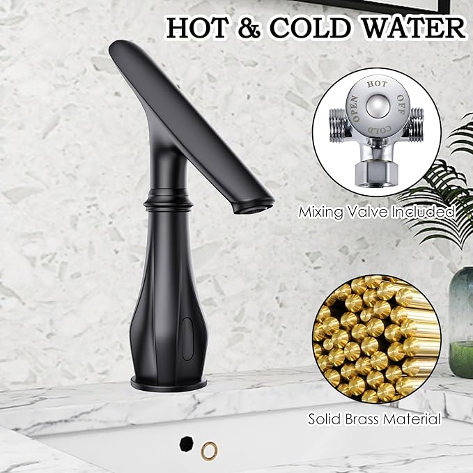 Touchless Bathroom Faucet, Matte Black Smart Motion Sensor Bathroom Sink Faucets 1 Hole with Cover Plate, Mixing Valve, Battery Powered for Commercial Lavatory, Home