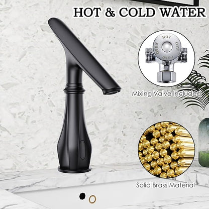 Touchless Bathroom Faucet, Matte Black Smart Motion Sensor Bathroom Sink Faucets 1 Hole with Cover Plate, Mixing Valve, Battery Powered for Commercial Lavatory, Home