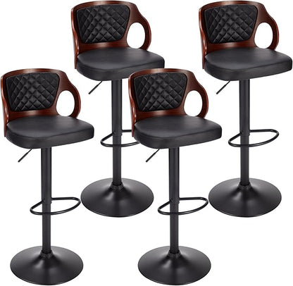 VECELO Swivel Bar Stools Set of 4,Counter Height Stools with Bentwood Back,Armrest&Footrest,Adjustable PU Leather Bar Chairs for Kitchen Island,Coffee Shop and Salon,Black,Quilted Elegance