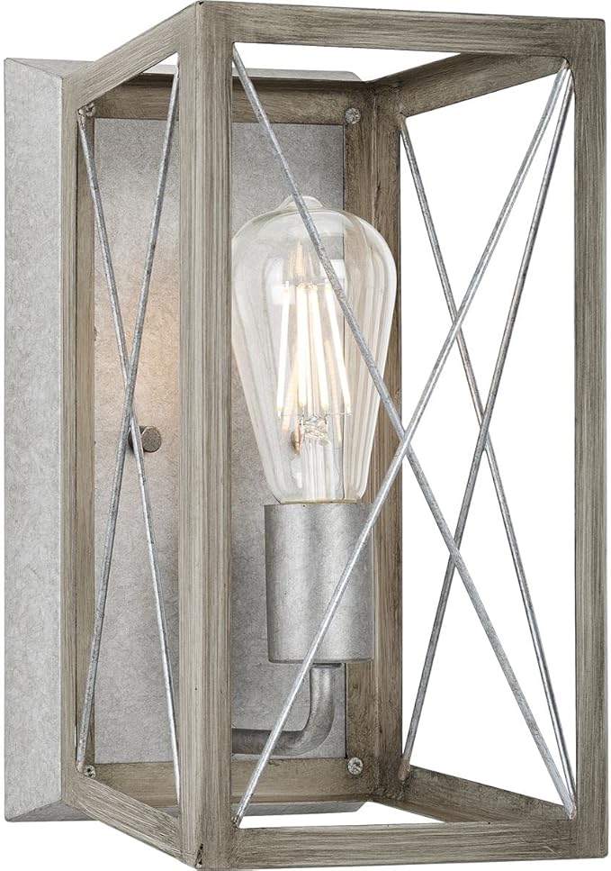 Progress Lighting 1-Light Farmhouse Wall Sconce Light Bleached Oak Wood, Briarwood Collection, Indoor, P710012-141, Galvanized Finish