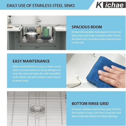 Kichae 25 Undermount Kitchen Sink - 25"x19" Kitchen Sink Stainless Steel Ledge Workstation Single Bowl Under Counter All In One Deep Basin Round Corner